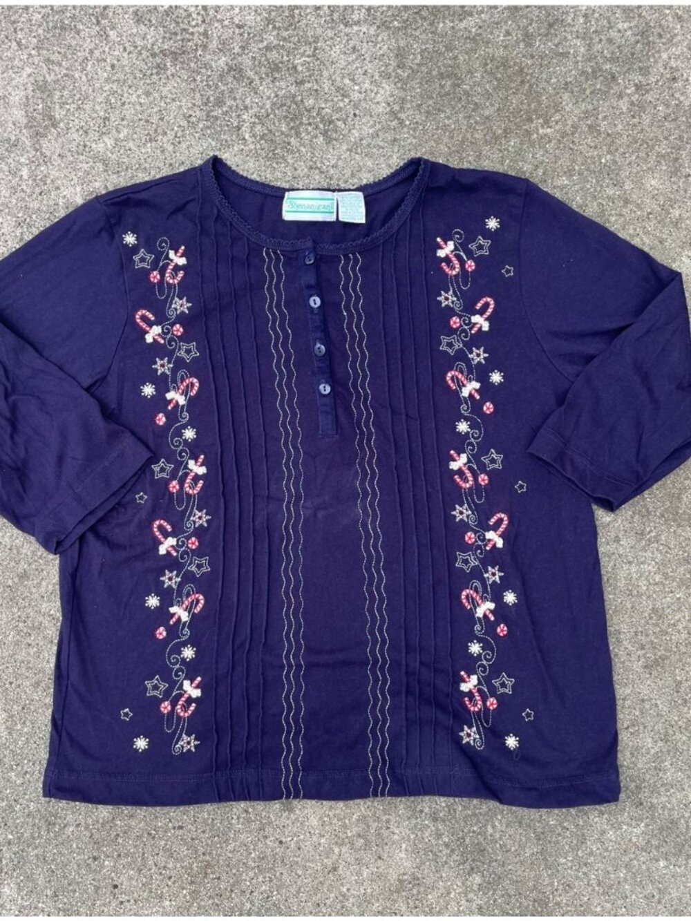 Vintage Y2K Christmas Henley Embroidered Pintuck Navy Holiday M Candy Cane 90s